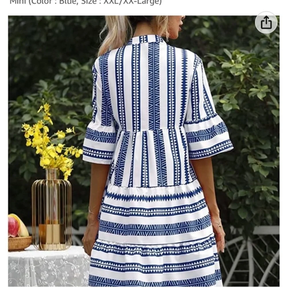Baby Doll Mini Dress Geometric V-Neck Striped Blue & White Women’s Size Large - Picture 10 of 14